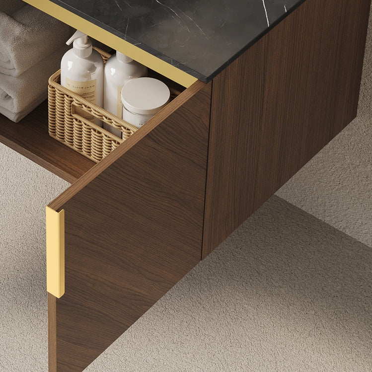 60" ARAI Black Sintered Stone with Stone Pattern Countertop and Brown Oak Cabinet, NO Basin, NO Faucet and Sink Cover