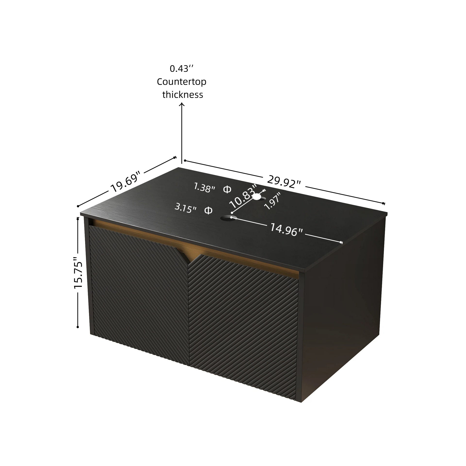 RUBEN 30" Wall-Mounted Black Plywood Cabinet and Black Sintered Stone Countertop, NO Basin, NO Faucet and Sink Cover