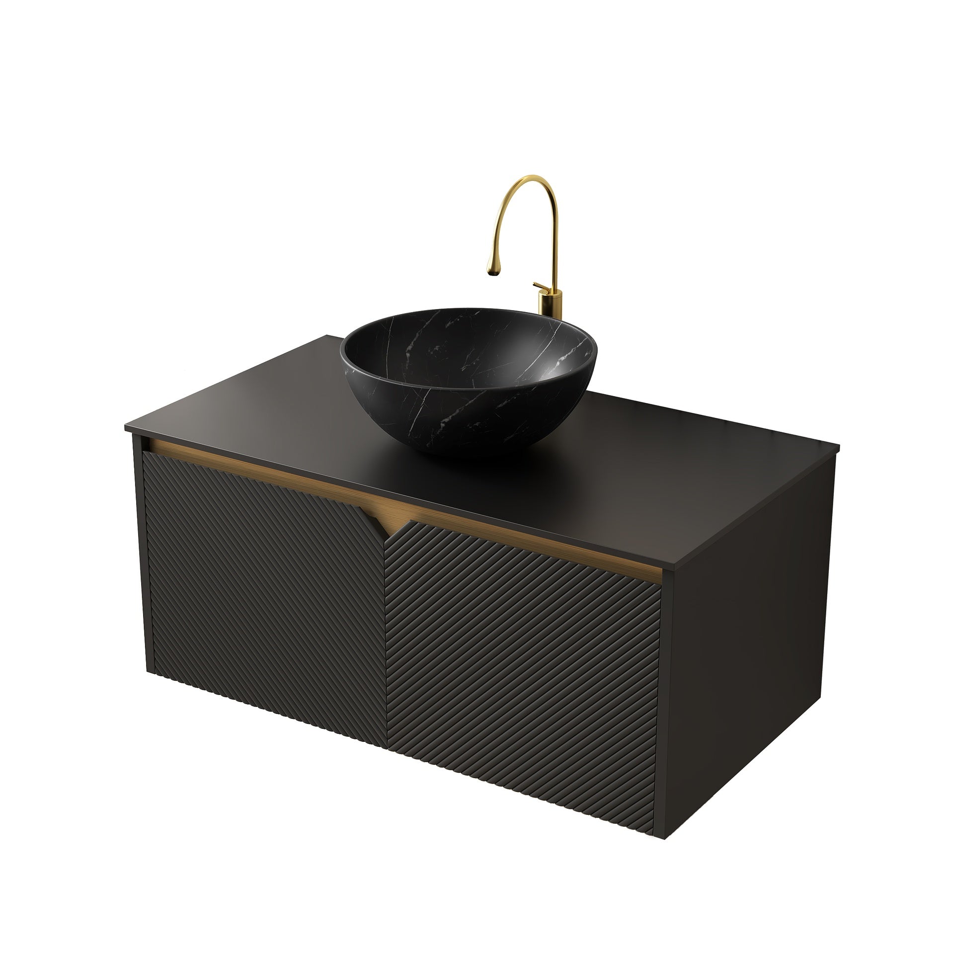 RUBEN 36" Wall-Mounted Black Plywood Cabinet and Black Sintered Stone Countertop, NO Basin, NO Faucet and Sink Cover