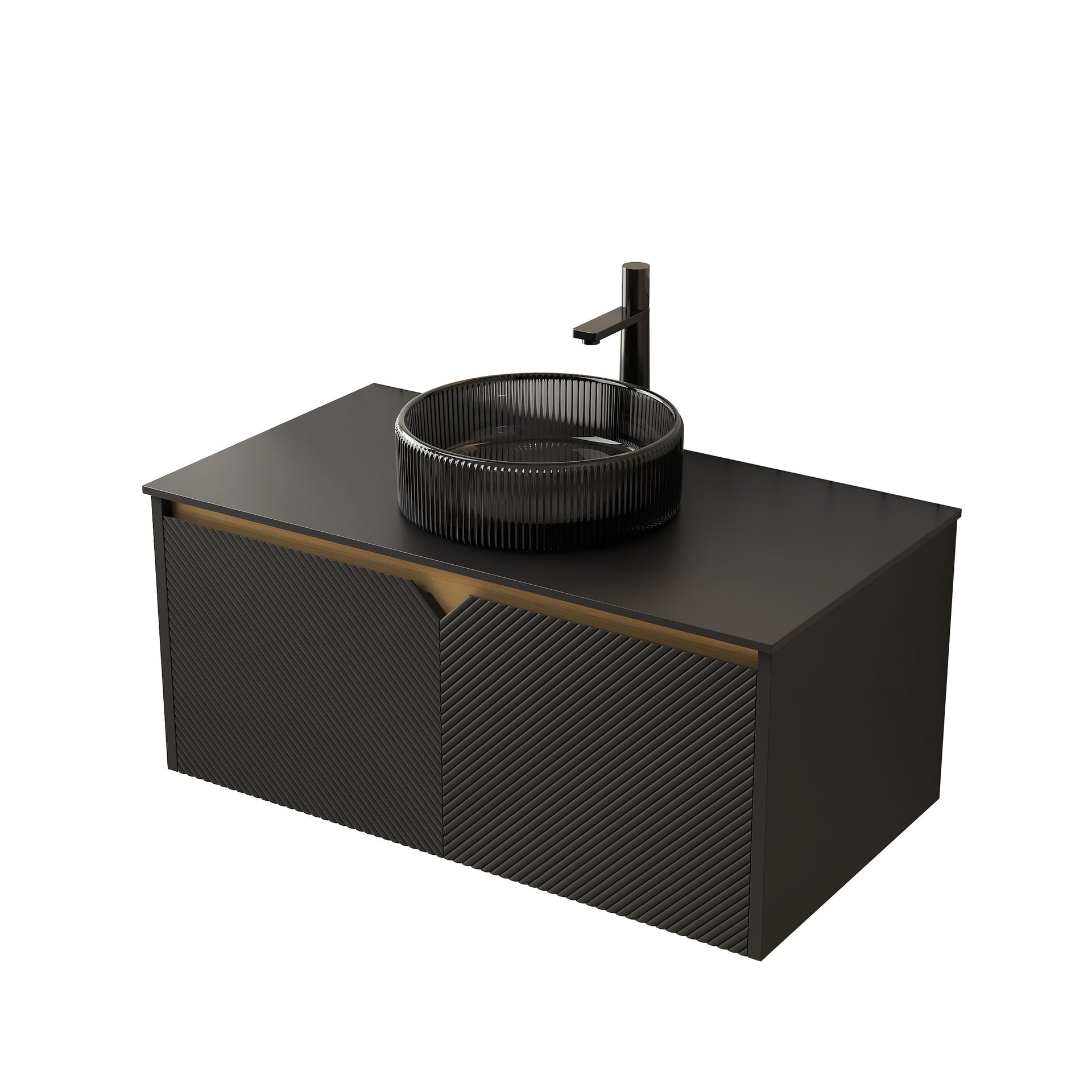 RUBEN 36" Wall-Mounted Black Plywood Cabinet and Black Sintered Stone Countertop, NO Basin, NO Faucet and Sink Cover