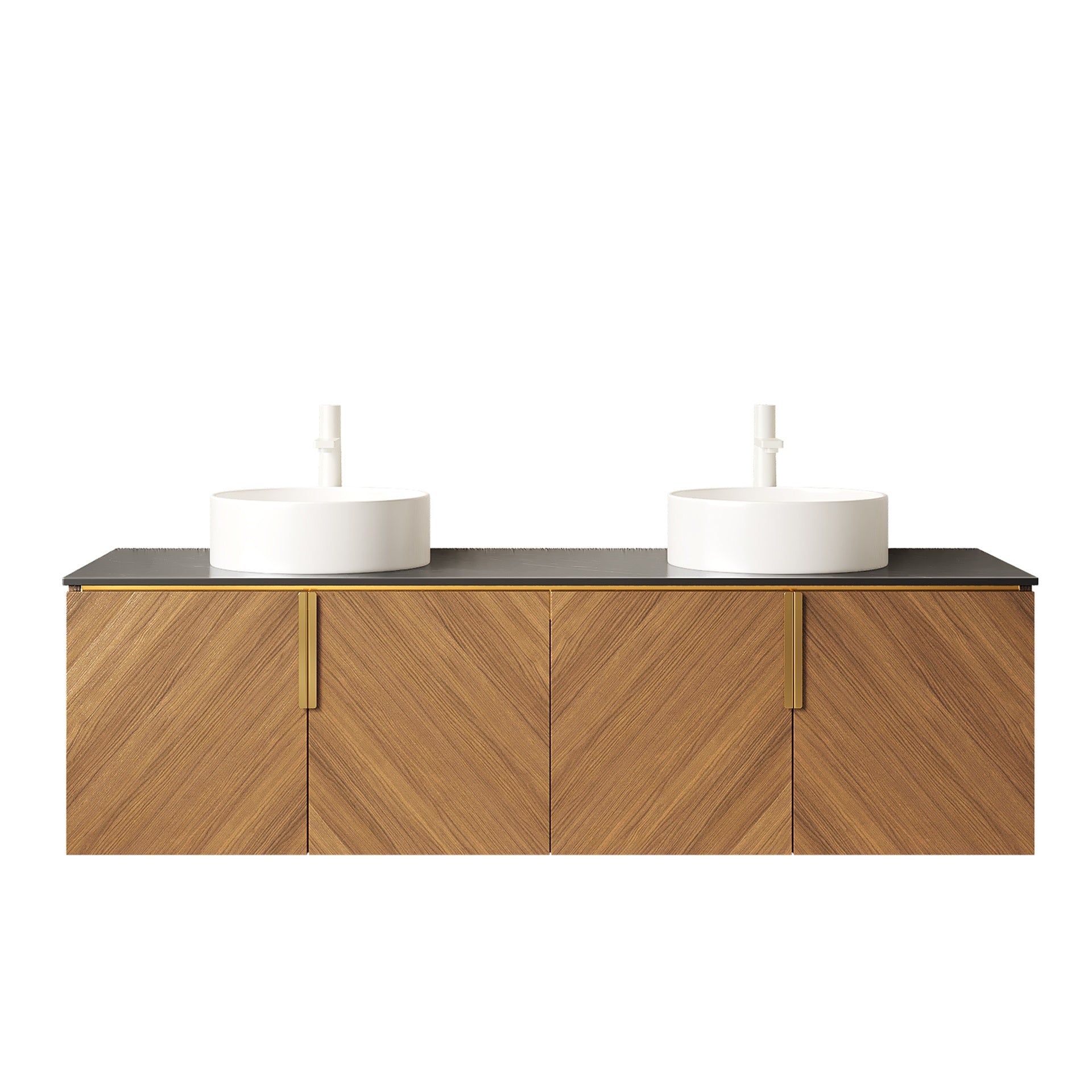 ARAI 60" Bathroom Vanity with Sinks, Floating Wall-Mounted Plywood Bathroom Storage Cabinet with 4 Doors,  2 White Round Ceramic Basins and Black Sintered Stone Countertop, Brown Oak Woodgrain Color