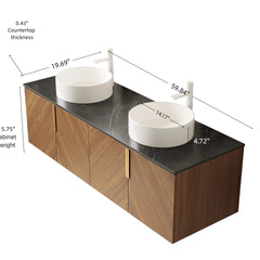 ARAI 60" Bathroom Vanity with Sinks, Floating Wall-Mounted Plywood Bathroom Storage Cabinet with 4 Doors,  2 White Round Ceramic Basins and Black Sintered Stone Countertop, Brown Oak Woodgrain Color