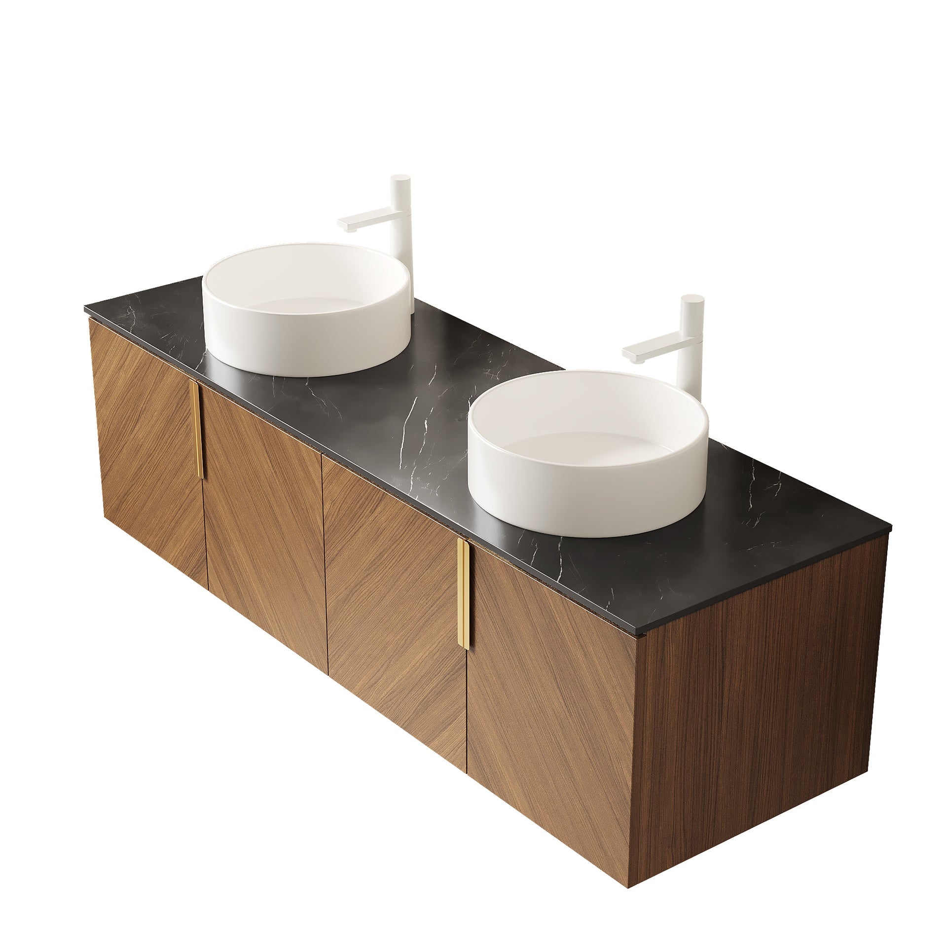 ARAI 60" Bathroom Vanity with Sinks, Floating Wall-Mounted Plywood Bathroom Storage Cabinet with 4 Doors,  2 White Round Ceramic Basins and Black Sintered Stone Countertop, Brown Oak Woodgrain Color