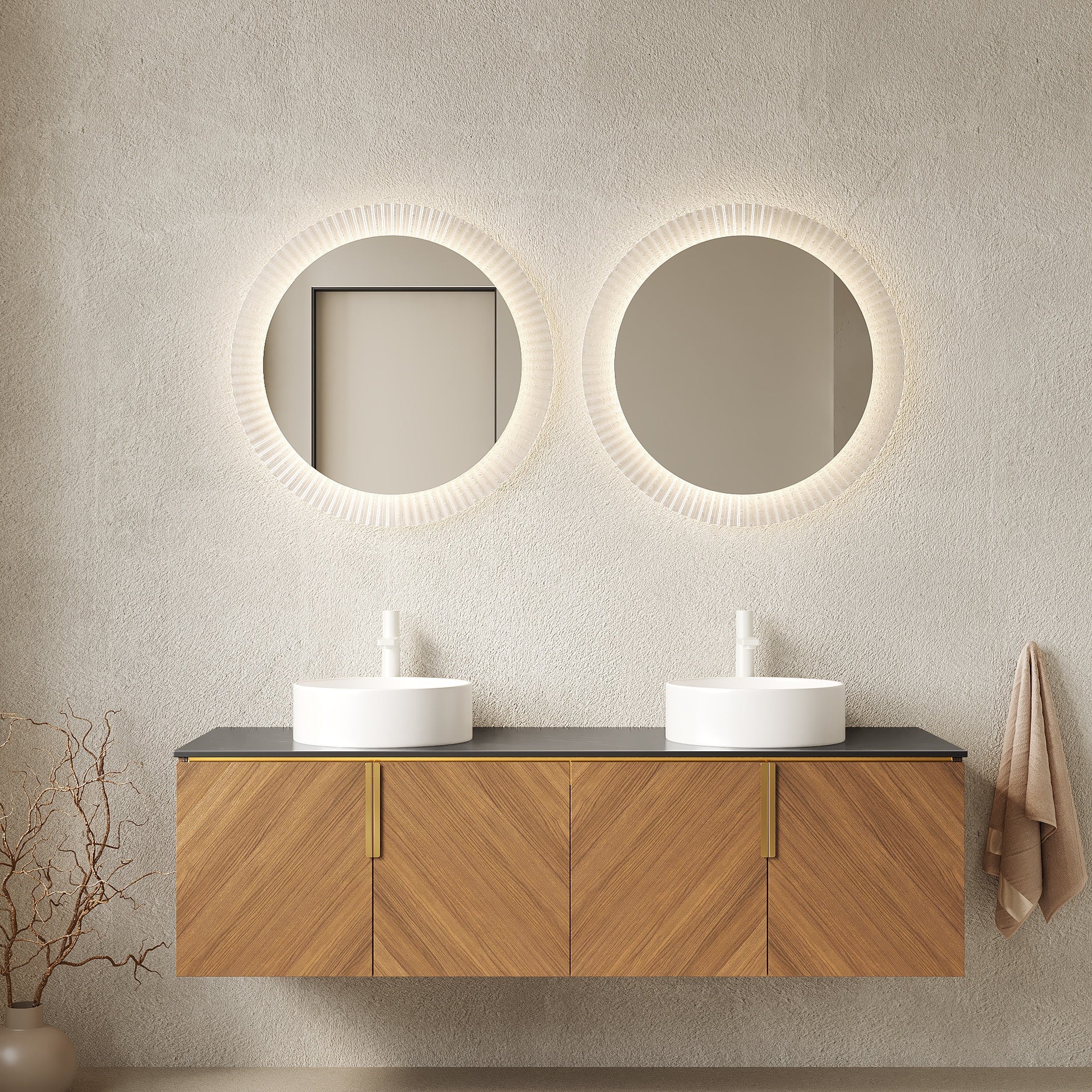 ARAI 60" Bathroom Vanity with Sinks, Floating Wall-Mounted Plywood Bathroom Storage Cabinet with 4 Doors,  2 White Round Ceramic Basins and Black Sintered Stone Countertop, Brown Oak Woodgrain Color
