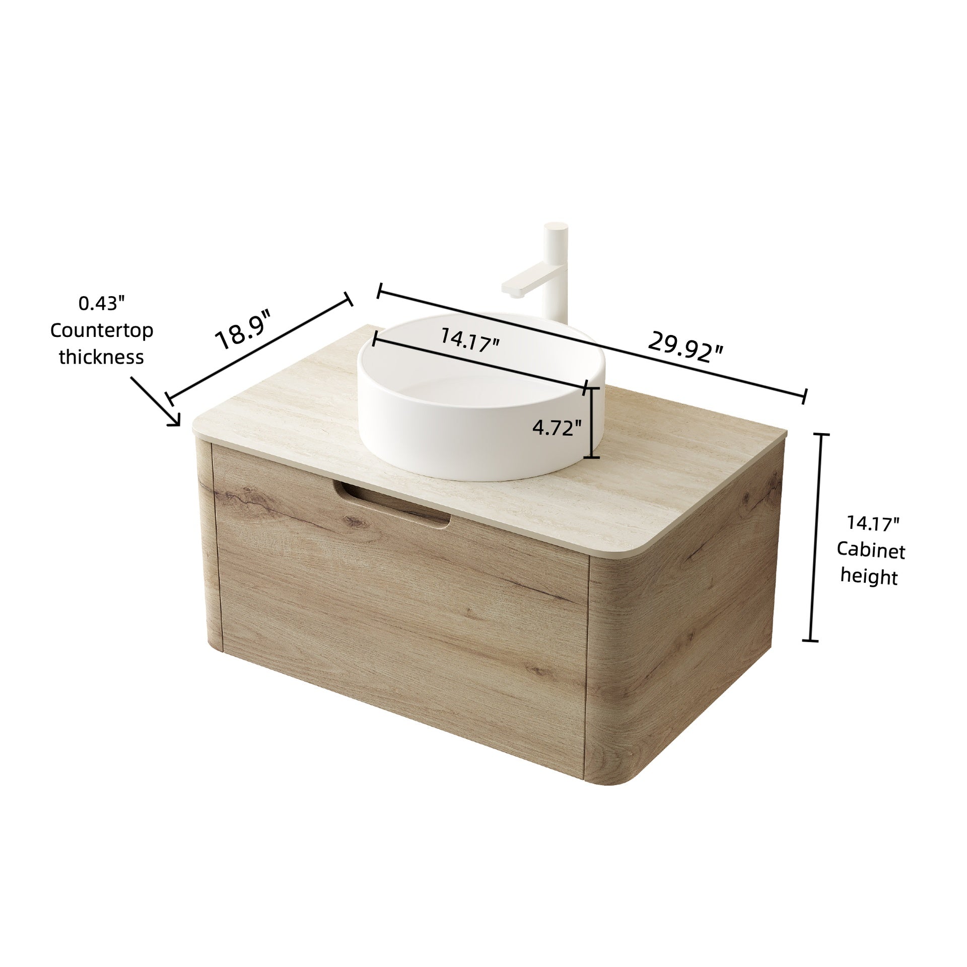 XAI 30" Bathroom Vanity with Sink, Wall-Mounted Plywood Storage Cabinet with Drawer, White Round Ceramic Basin and Roma Travertine-Pattern Sintered Stone Top, Pre-assembled, White Oak Woodgrain Color