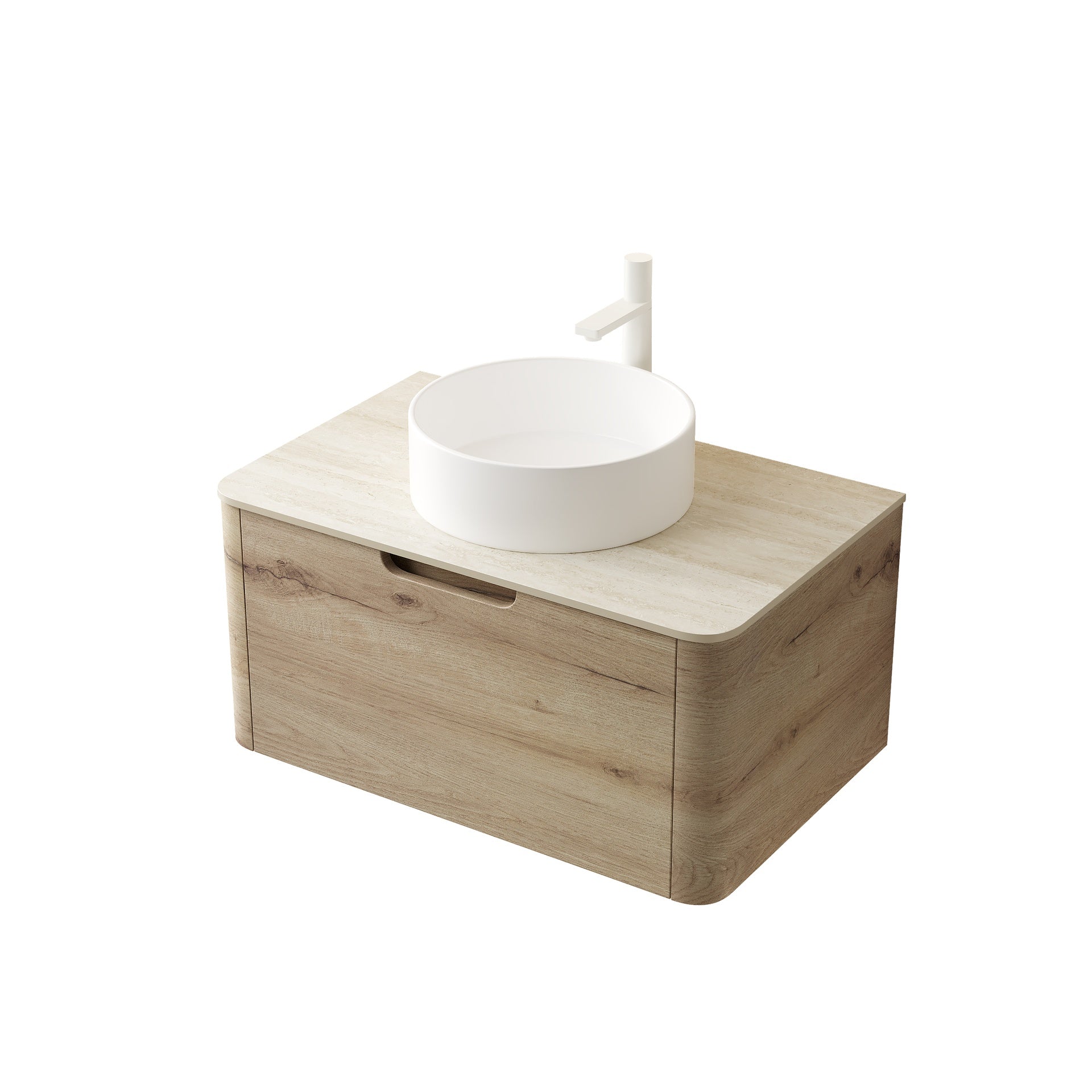 XAI 30" Bathroom Vanity with Sink, Wall-Mounted Plywood Storage Cabinet with Drawer, White Round Ceramic Basin and Roma Travertine-Pattern Sintered Stone Top, Pre-assembled, White Oak Woodgrain Color