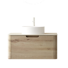 XAI 30" Bathroom Vanity with Sink, Wall-Mounted Plywood Storage Cabinet with Drawer, White Round Ceramic Basin and Roma Travertine-Pattern Sintered Stone Top, Pre-assembled, White Oak Woodgrain Color