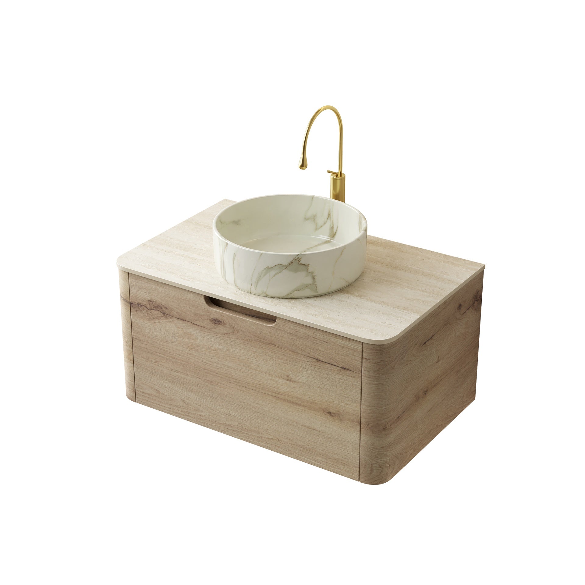 XAI 30" Bathroom Vanity&Sink, Floating Plywood Storage Cabinet with Drawer, Ceramic Basin with Stone Pattern& Travertine-Pattern Sintered Stone Top, Pre-assembled, White Oak Woodgrain Color (New SKU)