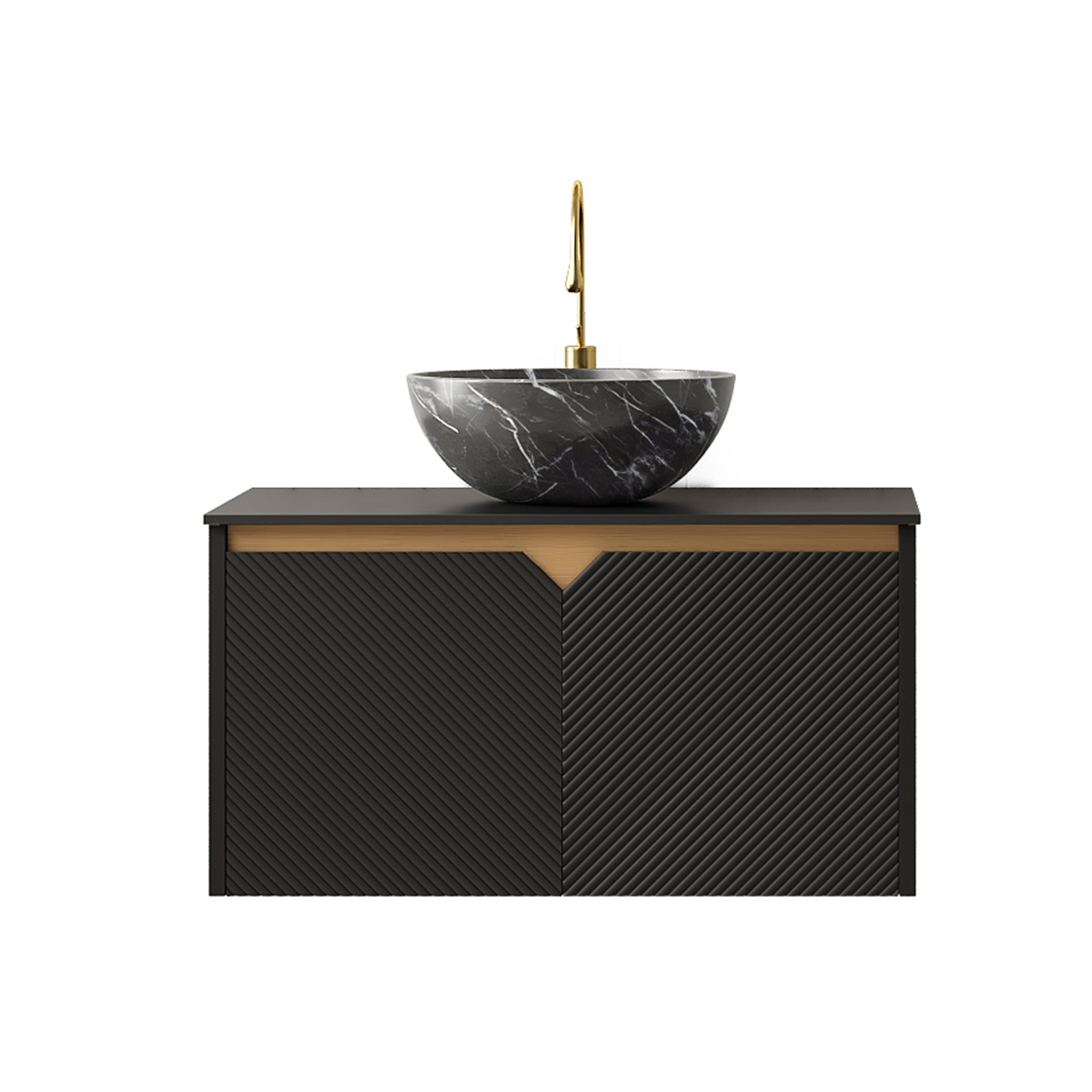 RUBEN 30" Bathroom Vanity&Sink, Wall-Mounted Floating Plywood Storage Cabinet, Twill Double Doors with Metal Trim, Black Bowl Ceramic Vessel Basin with Stone Pattern&Black Sintered Stone Top, Black