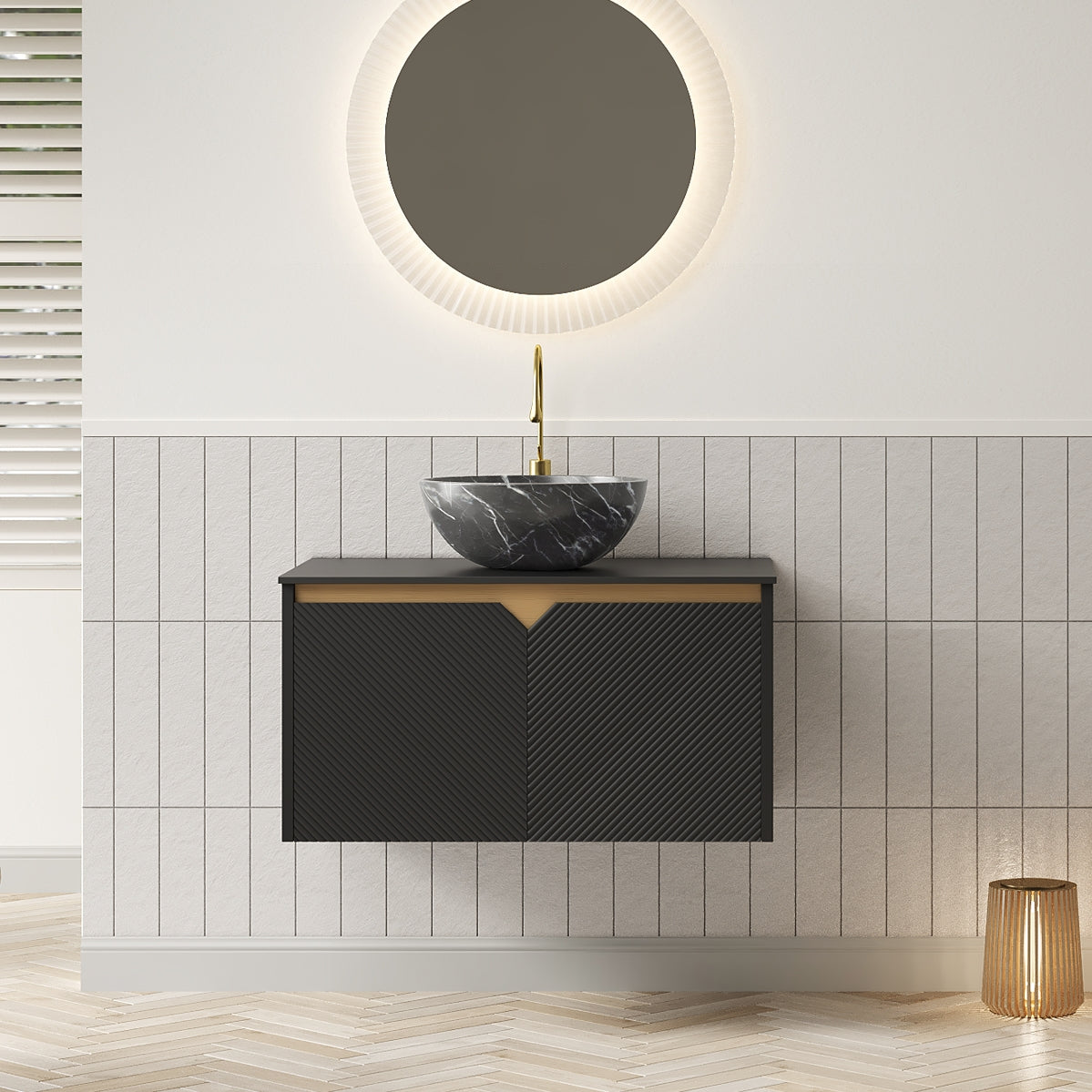 RUBEN 30" Bathroom Vanity&Sink, Wall-Mounted Floating Plywood Storage Cabinet, Twill Double Doors with Metal Trim, Black Bowl Ceramic Vessel Basin with Stone Pattern&Black Sintered Stone Top, Black