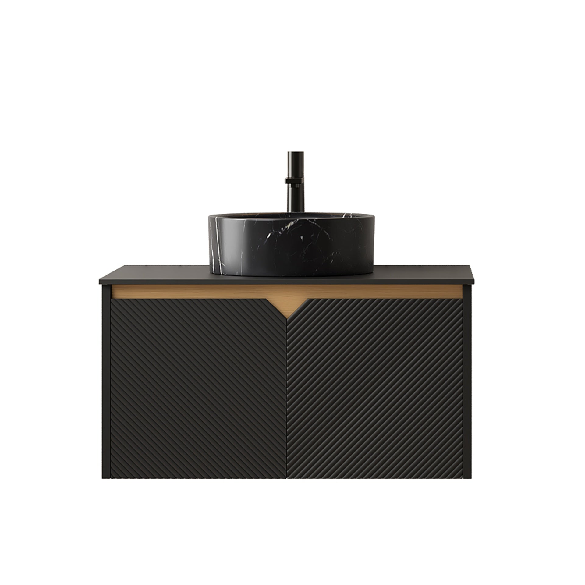 RUBEN 30" Bathroom Vanity&Sink, Wall-Mounted Floating Plywood Storage Cabinet, Twill Double Doors with Metal Trim, Black Round Ceramic Vessel Basin with Stone Pattern&Black Sintered Stone Top, Black
