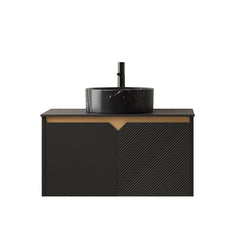 RUBEN 30" Bathroom Vanity&Sink, Wall-Mounted Floating Plywood Storage Cabinet, Twill Double Doors with Metal Trim, Black Round Ceramic Vessel Basin with Stone Pattern&Black Sintered Stone Top, Black