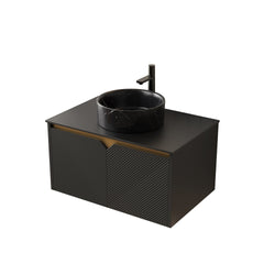 RUBEN 30" Bathroom Vanity&Sink, Wall-Mounted Floating Plywood Storage Cabinet, Twill Double Doors with Metal Trim, Black Round Ceramic Vessel Basin with Stone Pattern&Black Sintered Stone Top, Black