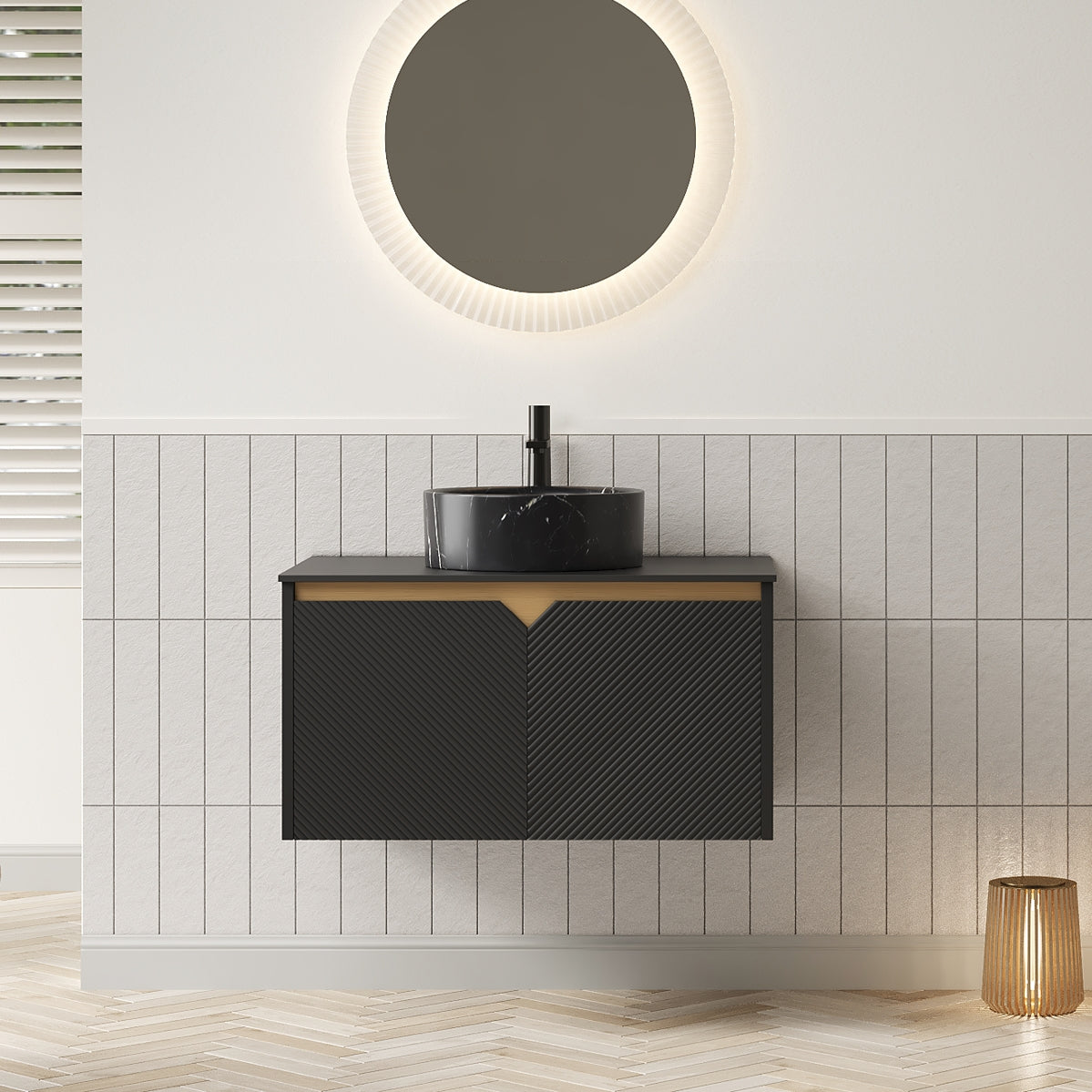 RUBEN 30" Bathroom Vanity&Sink, Wall-Mounted Floating Plywood Storage Cabinet, Twill Double Doors with Metal Trim, Black Round Ceramic Vessel Basin with Stone Pattern&Black Sintered Stone Top, Black