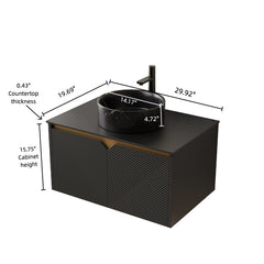 RUBEN 30" Bathroom Vanity&Sink, Wall-Mounted Floating Plywood Storage Cabinet, Twill Double Doors with Metal Trim, Black Round Ceramic Vessel Basin with Stone Pattern&Black Sintered Stone Top, Black