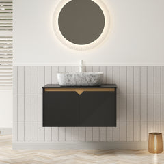 RUBEN 30" Bathroom Vanity&Sink, Wall-Mounted Floating Plywood Storage Cabinet, Twill Double Doors with Metal Trim, Marble Pattern Rectangle Ceramic Vessel Basin&Black Sintered Stone Top, Black