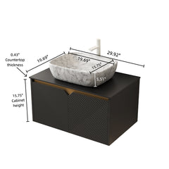 RUBEN 30" Bathroom Vanity&Sink, Wall-Mounted Floating Plywood Storage Cabinet, Twill Double Doors with Metal Trim, Marble Pattern Rectangle Ceramic Vessel Basin&Black Sintered Stone Top, Black