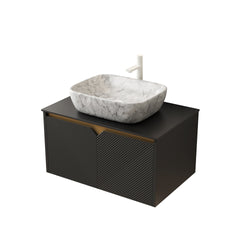 RUBEN 30" Bathroom Vanity&Sink, Wall-Mounted Floating Plywood Storage Cabinet, Twill Double Doors with Metal Trim, Marble Pattern Rectangle Ceramic Vessel Basin&Black Sintered Stone Top, Black