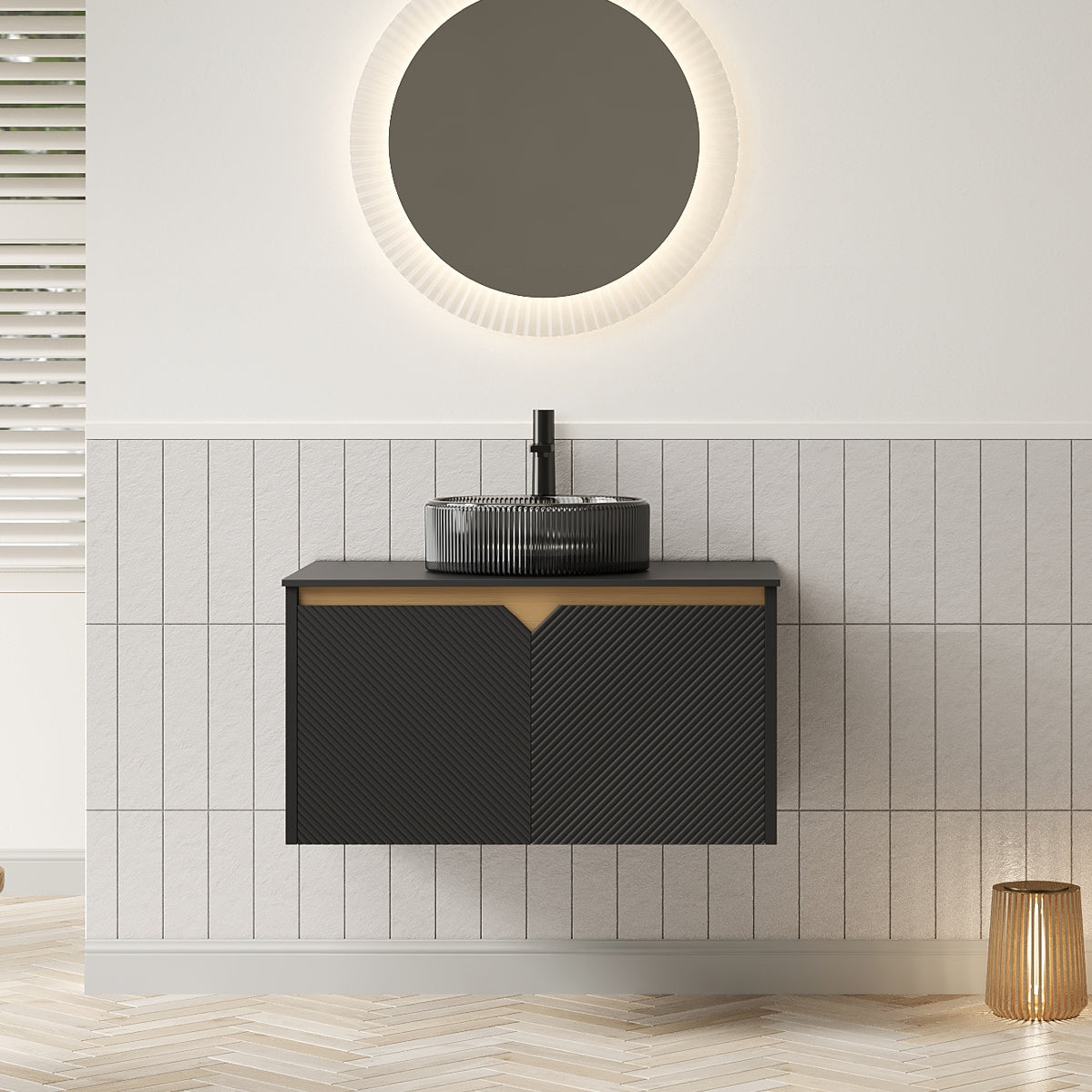 RUBEN 30" Bathroom Vanity&Sink, Wall-Mounted Floating Plywood Storage Cabinet, Twill Double Doors with Metal Trim, Transparent Black Round Glass Basin&Black Sintered Stone Top, Black