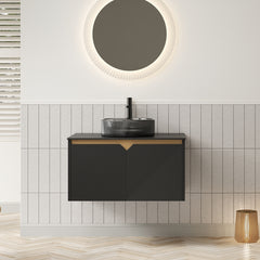 RUBEN 30" Bathroom Vanity&Sink, Wall-Mounted Floating Plywood Storage Cabinet, Twill Double Doors with Metal Trim, Transparent Black Round Glass Basin&Black Sintered Stone Top, Black