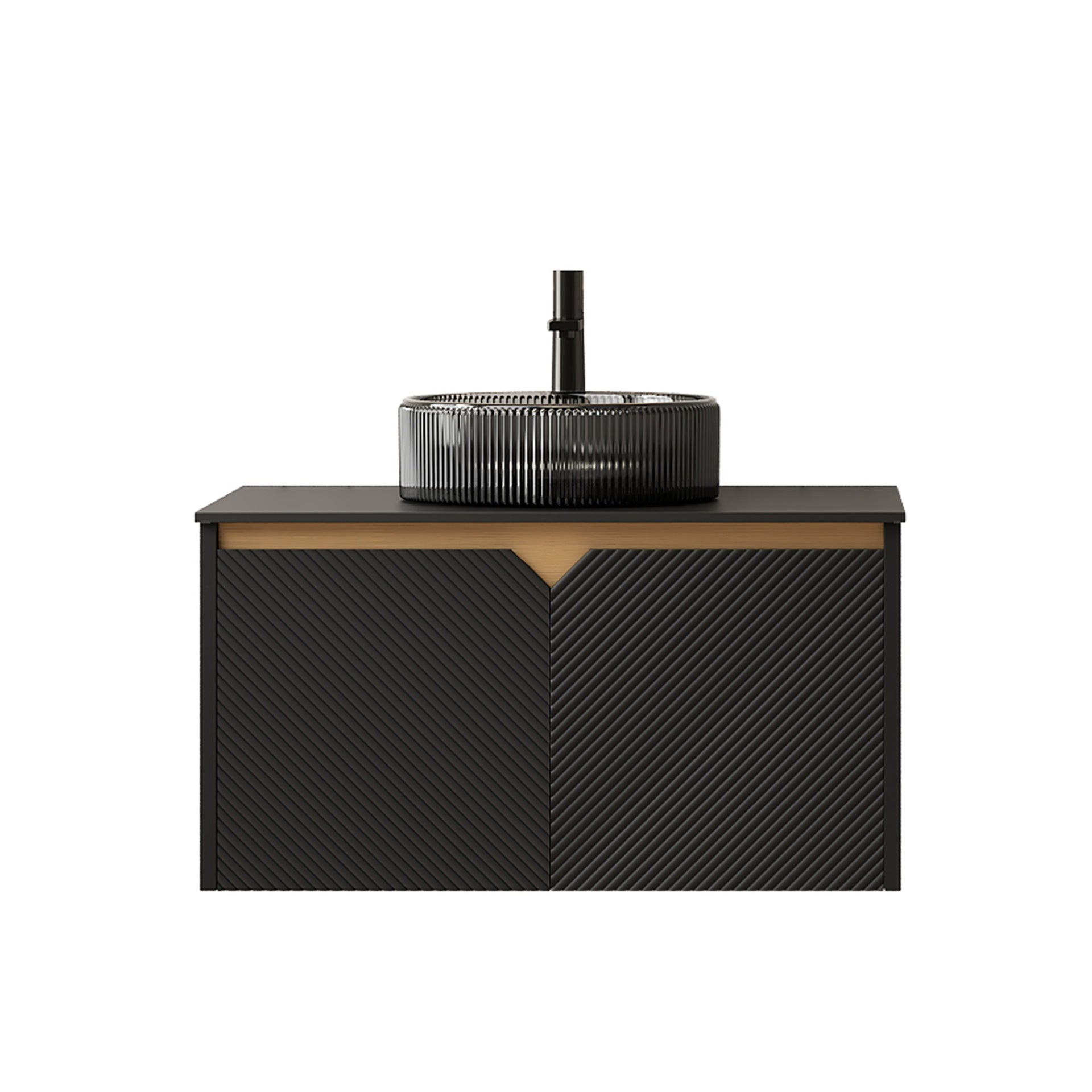 RUBEN 30" Bathroom Vanity&Sink, Wall-Mounted Floating Plywood Storage Cabinet, Twill Double Doors with Metal Trim, Transparent Black Round Glass Basin&Black Sintered Stone Top, Black