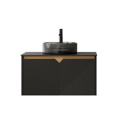 RUBEN 30" Bathroom Vanity&Sink, Wall-Mounted Floating Plywood Storage Cabinet, Twill Double Doors with Metal Trim, Transparent Black Round Glass Basin&Black Sintered Stone Top, Black