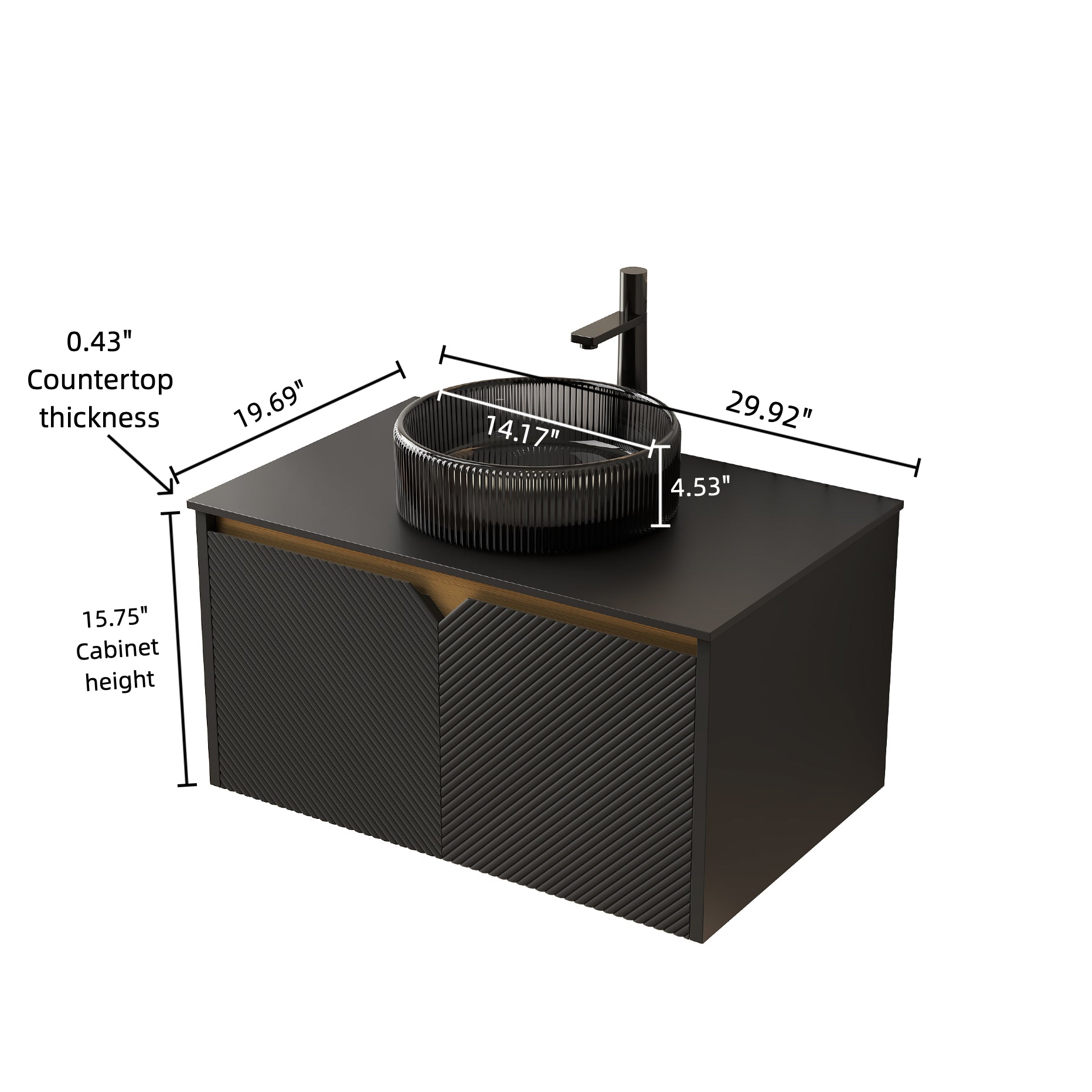 RUBEN 30" Bathroom Vanity&Sink, Wall-Mounted Floating Plywood Storage Cabinet, Twill Double Doors with Metal Trim, Transparent Black Round Glass Basin&Black Sintered Stone Top, Black