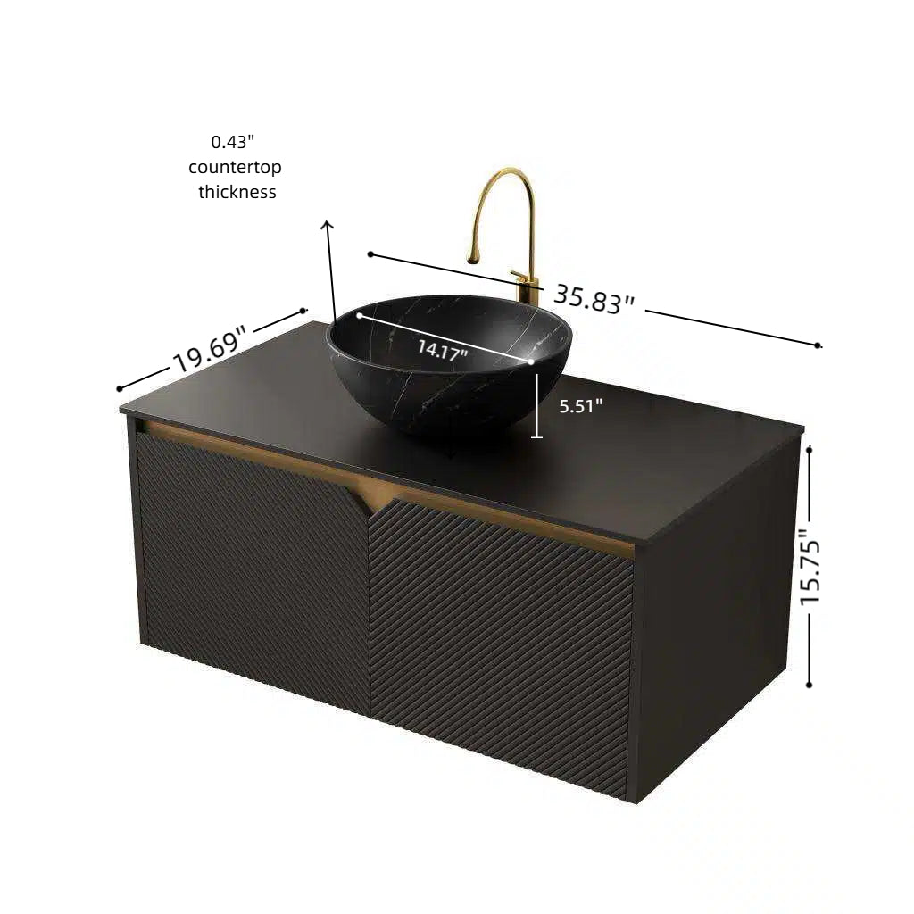 RUBEN 36" Bathroom Vanity&Sink, Wall-Mounted Floating Plywood Storage Cabinet, Twill Double Doors with Metal Trim, Black Bowl Ceramic Vessel Basin with Stone Pattern&Black Sintered Stone Top, Black