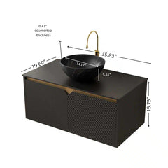 RUBEN 36" Bathroom Vanity&Sink, Wall-Mounted Floating Plywood Storage Cabinet, Twill Double Doors with Metal Trim, Black Bowl Ceramic Vessel Basin with Stone Pattern&Black Sintered Stone Top, Black