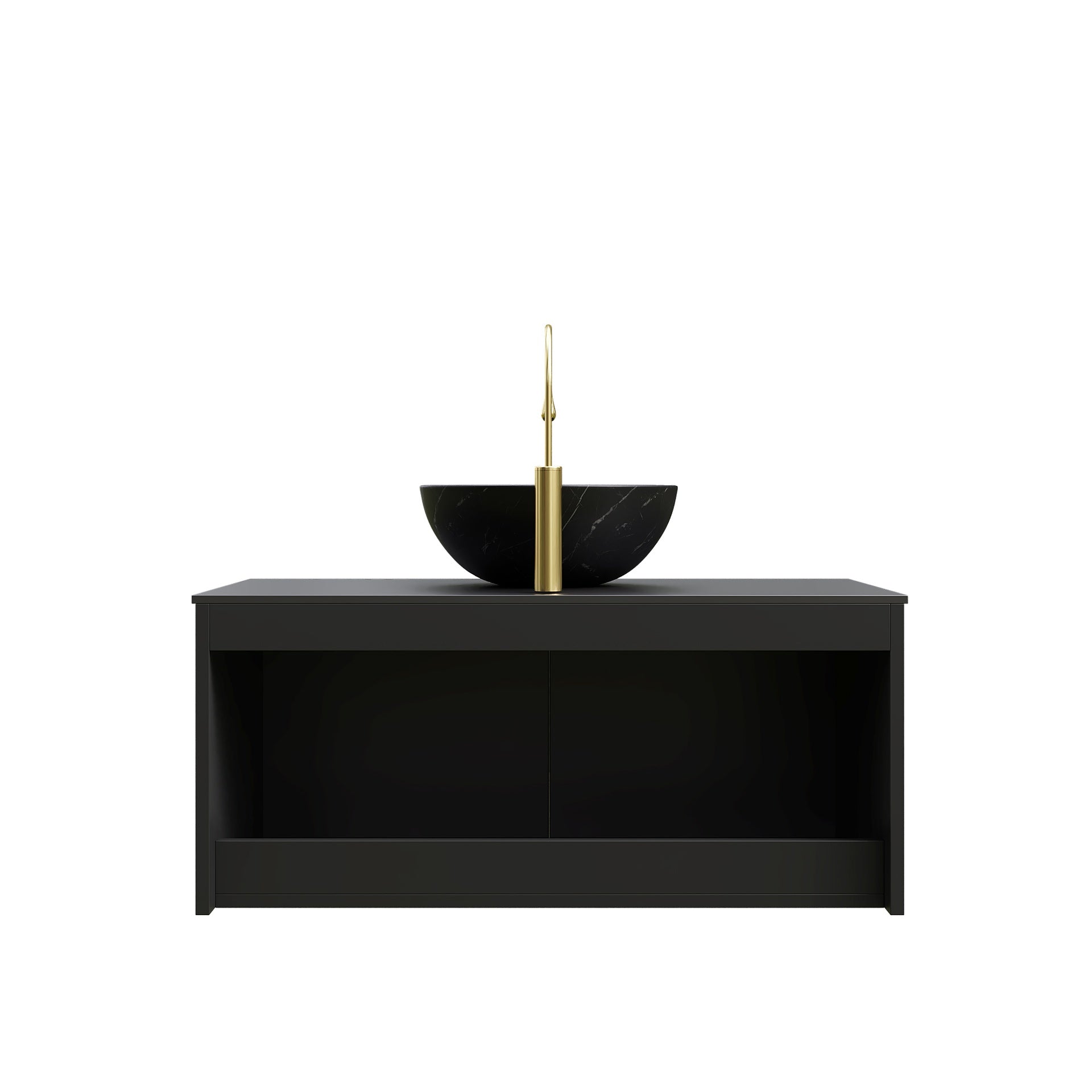 RUBEN 36" Bathroom Vanity&Sink, Wall-Mounted Floating Plywood Storage Cabinet, Twill Double Doors with Metal Trim, Black Bowl Ceramic Vessel Basin with Stone Pattern&Black Sintered Stone Top, Black