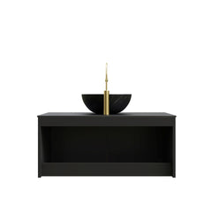 RUBEN 36" Bathroom Vanity&Sink, Wall-Mounted Floating Plywood Storage Cabinet, Twill Double Doors with Metal Trim, Black Bowl Ceramic Vessel Basin with Stone Pattern&Black Sintered Stone Top, Black