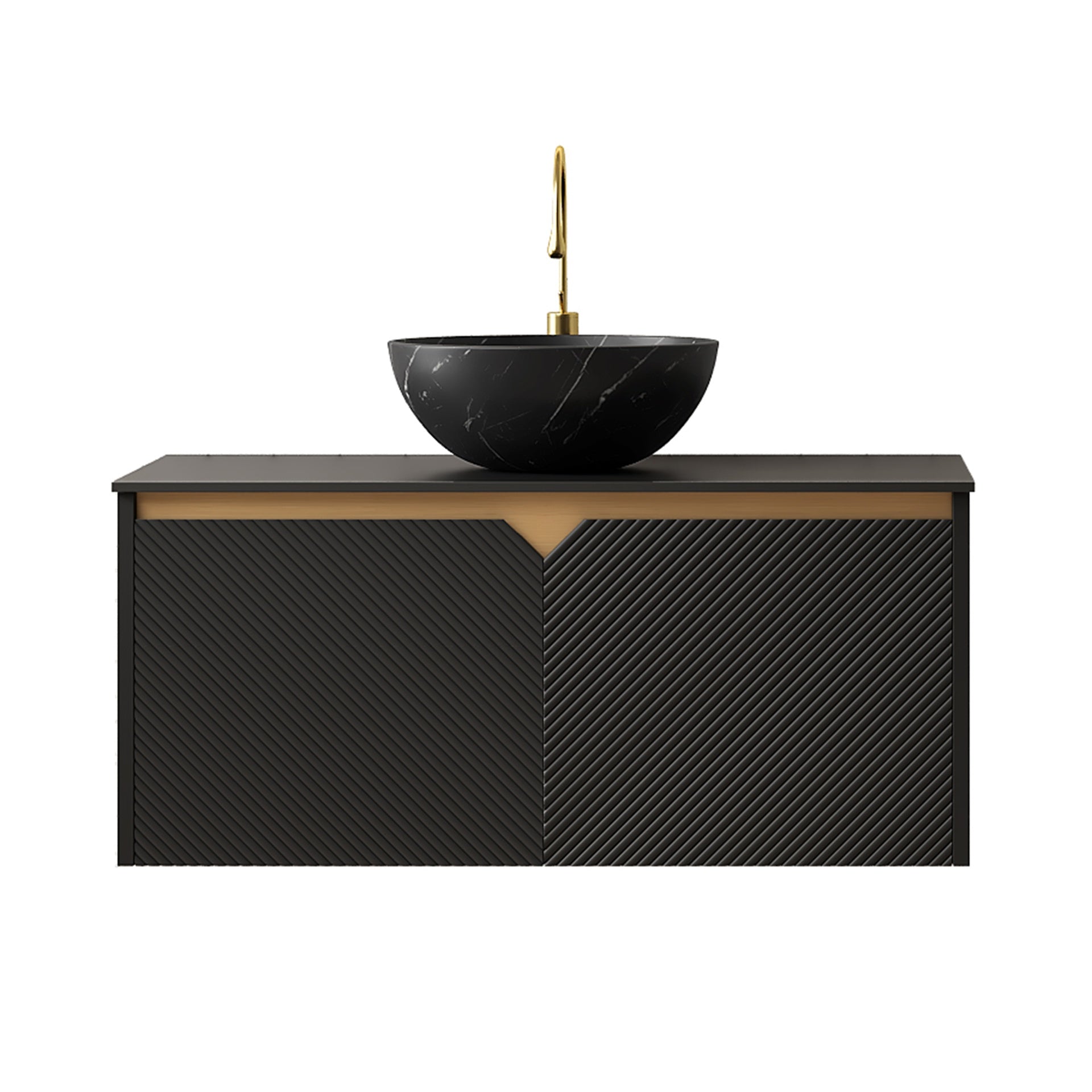 RUBEN 36" Bathroom Vanity&Sink, Wall-Mounted Floating Plywood Storage Cabinet, Twill Double Doors with Metal Trim, Black Bowl Ceramic Vessel Basin with Stone Pattern&Black Sintered Stone Top, Black
