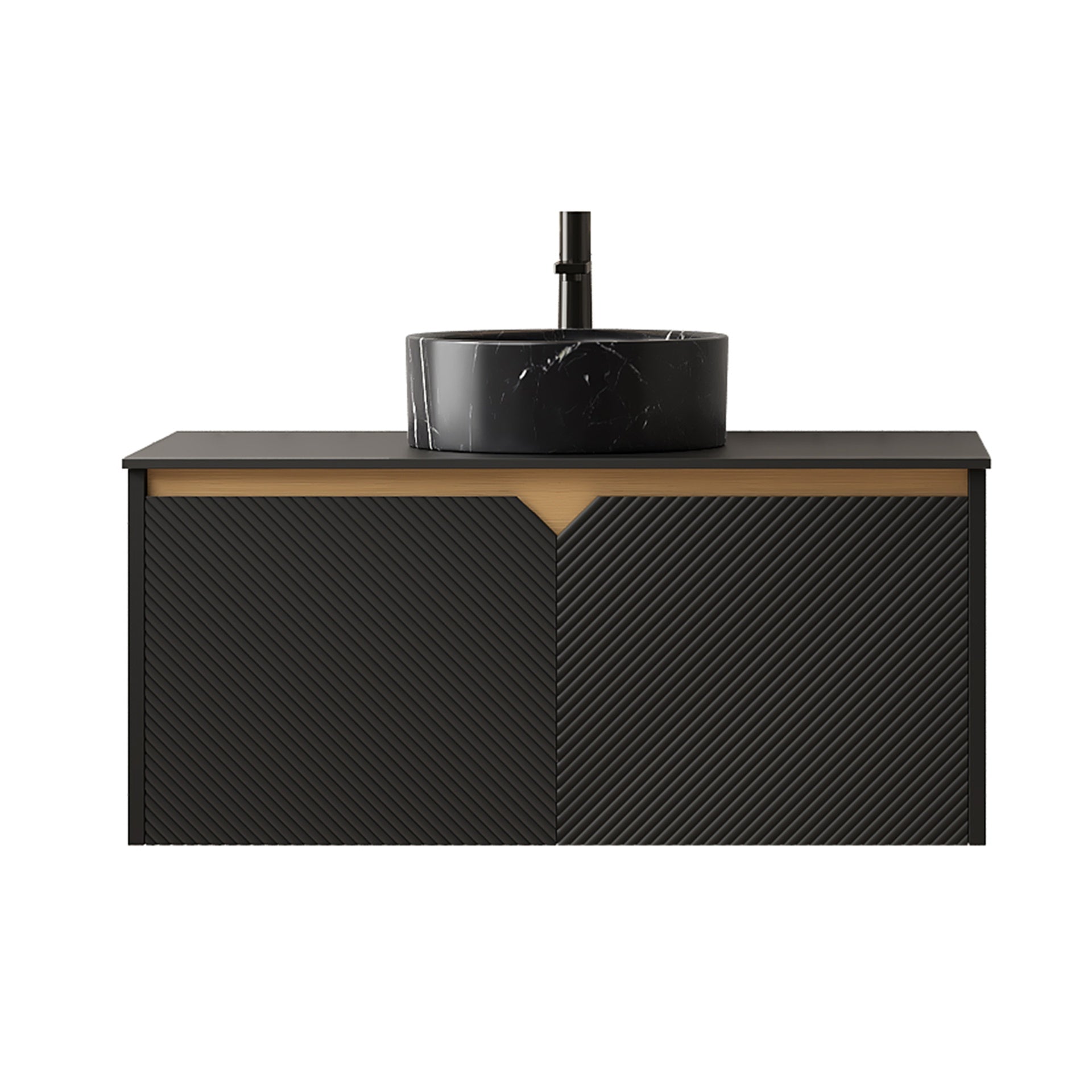 RUBEN 36" Bathroom Vanity&Sink, Wall-Mounted Floating Plywood Storage Cabinet, Twill Double Doors with Metal Trim, Black Round Ceramic Vessel Basin with Stone Pattern&Black Sintered Stone Top, Black