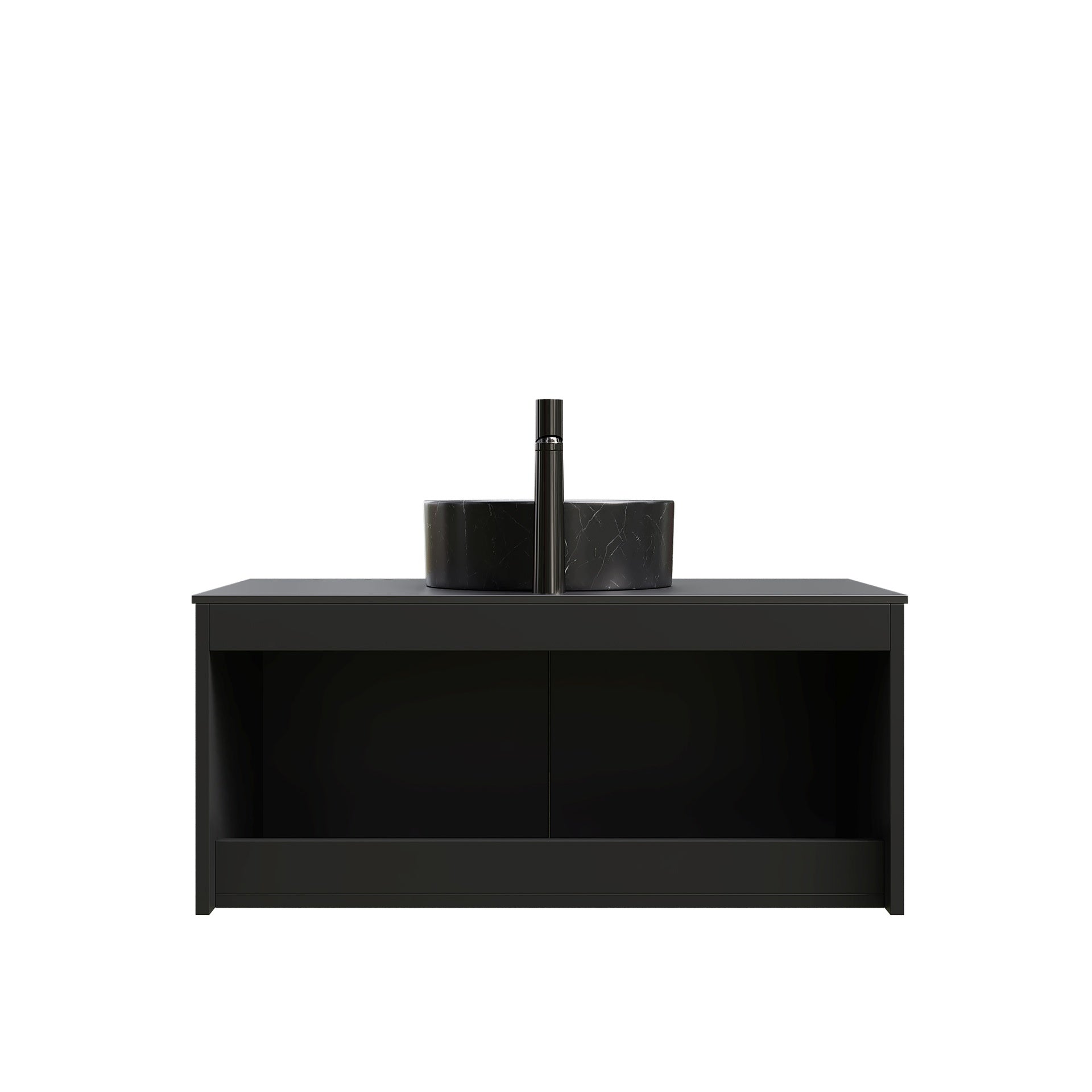RUBEN 36" Bathroom Vanity&Sink, Wall-Mounted Floating Plywood Storage Cabinet, Twill Double Doors with Metal Trim, Black Round Ceramic Vessel Basin with Stone Pattern&Black Sintered Stone Top, Black