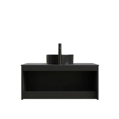 RUBEN 36" Bathroom Vanity&Sink, Wall-Mounted Floating Plywood Storage Cabinet, Twill Double Doors with Metal Trim, Black Round Ceramic Vessel Basin with Stone Pattern&Black Sintered Stone Top, Black