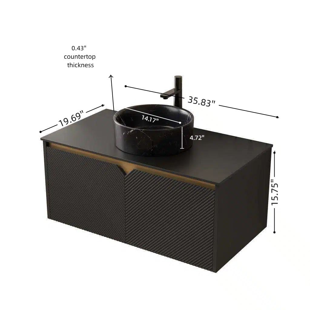 RUBEN 36" Bathroom Vanity&Sink, Wall-Mounted Floating Plywood Storage Cabinet, Twill Double Doors with Metal Trim, Black Round Ceramic Vessel Basin with Stone Pattern&Black Sintered Stone Top, Black