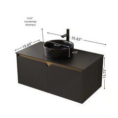 RUBEN 36" Bathroom Vanity&Sink, Wall-Mounted Floating Plywood Storage Cabinet, Twill Double Doors with Metal Trim, Black Round Ceramic Vessel Basin with Stone Pattern&Black Sintered Stone Top, Black
