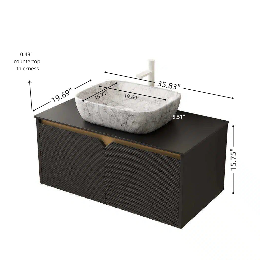 RUBEN 36" Bathroom Vanity&Sink, Wall-Mounted Floating Plywood Storage Cabinet, Twill Double Doors with Metal Trim, Marble Pattern Rectangle Ceramic Vessel Basin&Black Sintered Stone Top, Black