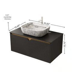 RUBEN 36" Bathroom Vanity&Sink, Wall-Mounted Floating Plywood Storage Cabinet, Twill Double Doors with Metal Trim, Marble Pattern Rectangle Ceramic Vessel Basin&Black Sintered Stone Top, Black