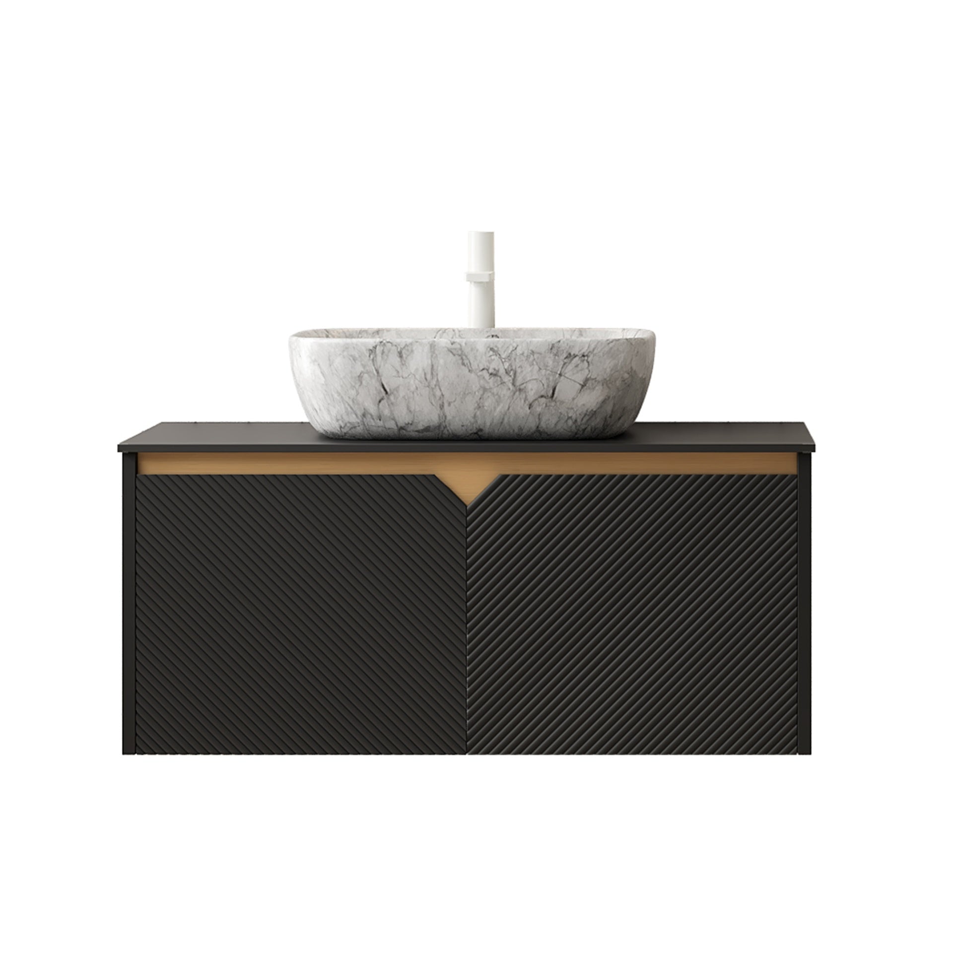 RUBEN 36" Bathroom Vanity&Sink, Wall-Mounted Floating Plywood Storage Cabinet, Twill Double Doors with Metal Trim, Marble Pattern Rectangle Ceramic Vessel Basin&Black Sintered Stone Top, Black
