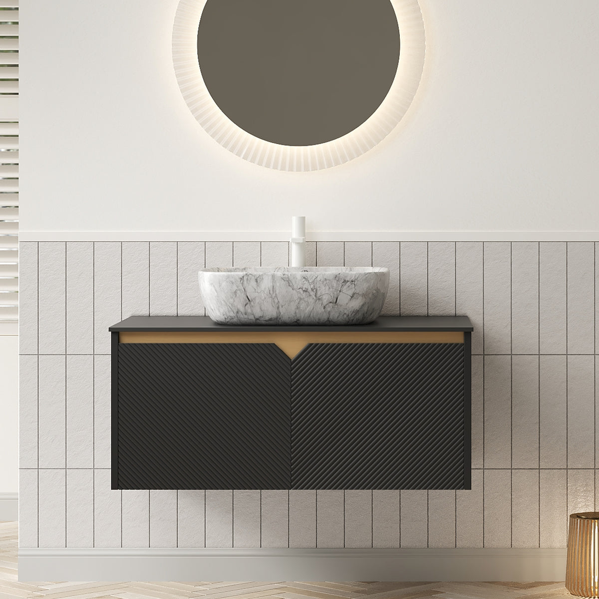 RUBEN 36" Bathroom Vanity&Sink, Wall-Mounted Floating Plywood Storage Cabinet, Twill Double Doors with Metal Trim, Marble Pattern Rectangle Ceramic Vessel Basin&Black Sintered Stone Top, Black