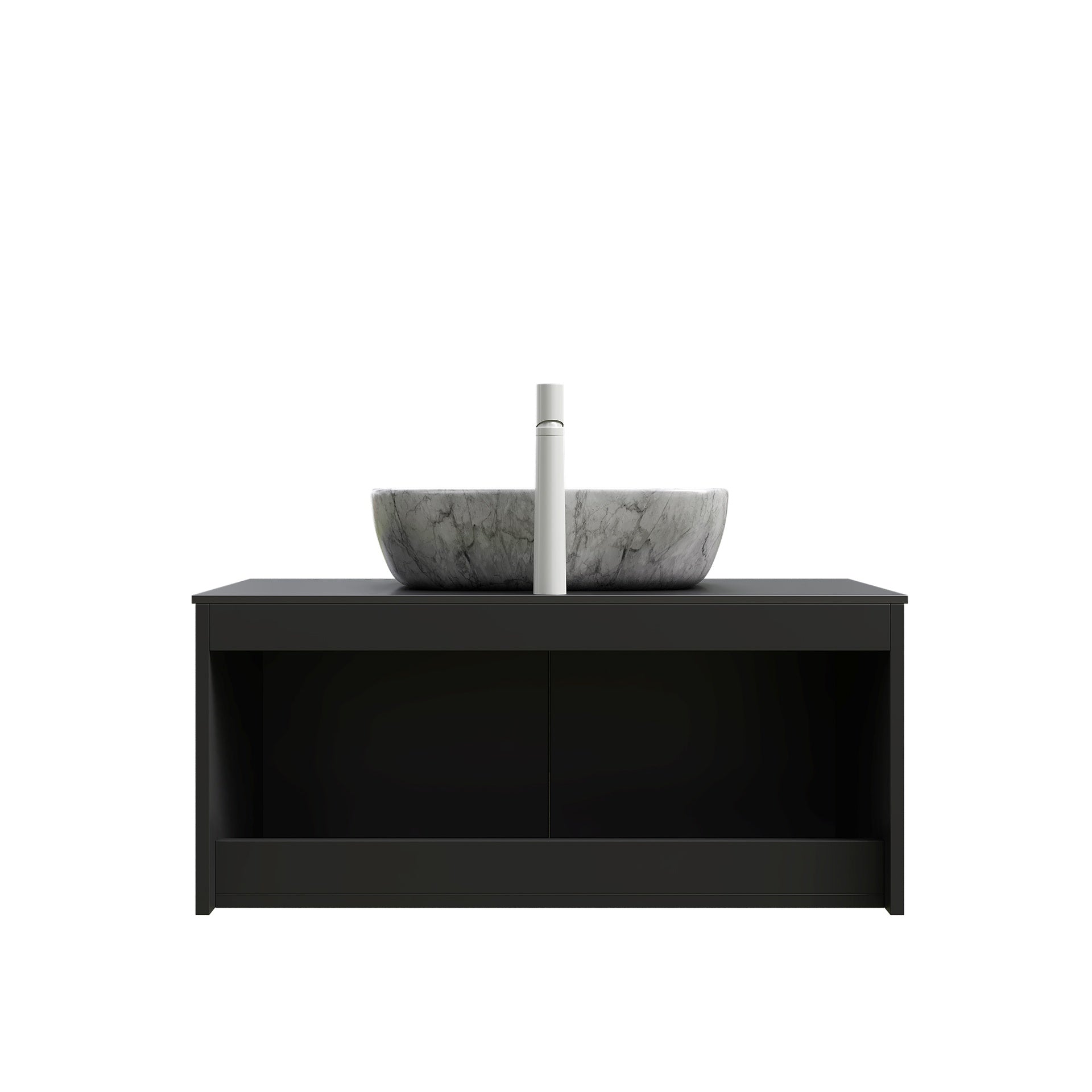 RUBEN 36" Bathroom Vanity&Sink, Wall-Mounted Floating Plywood Storage Cabinet, Twill Double Doors with Metal Trim, Marble Pattern Rectangle Ceramic Vessel Basin&Black Sintered Stone Top, Black