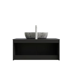 RUBEN 36" Bathroom Vanity&Sink, Wall-Mounted Floating Plywood Storage Cabinet, Twill Double Doors with Metal Trim, Marble Pattern Rectangle Ceramic Vessel Basin&Black Sintered Stone Top, Black