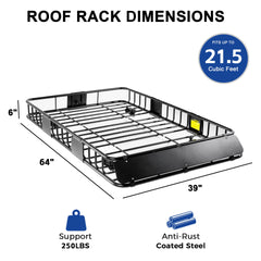 Roof Rack Basket With Net,Rooftop Steel Roof Rack,Cargo Carrier with 250 Lbs Capacity,Extension Black Car Top Luggage Holder 64"x 39" Universal for SUV/ Wagon / Seden