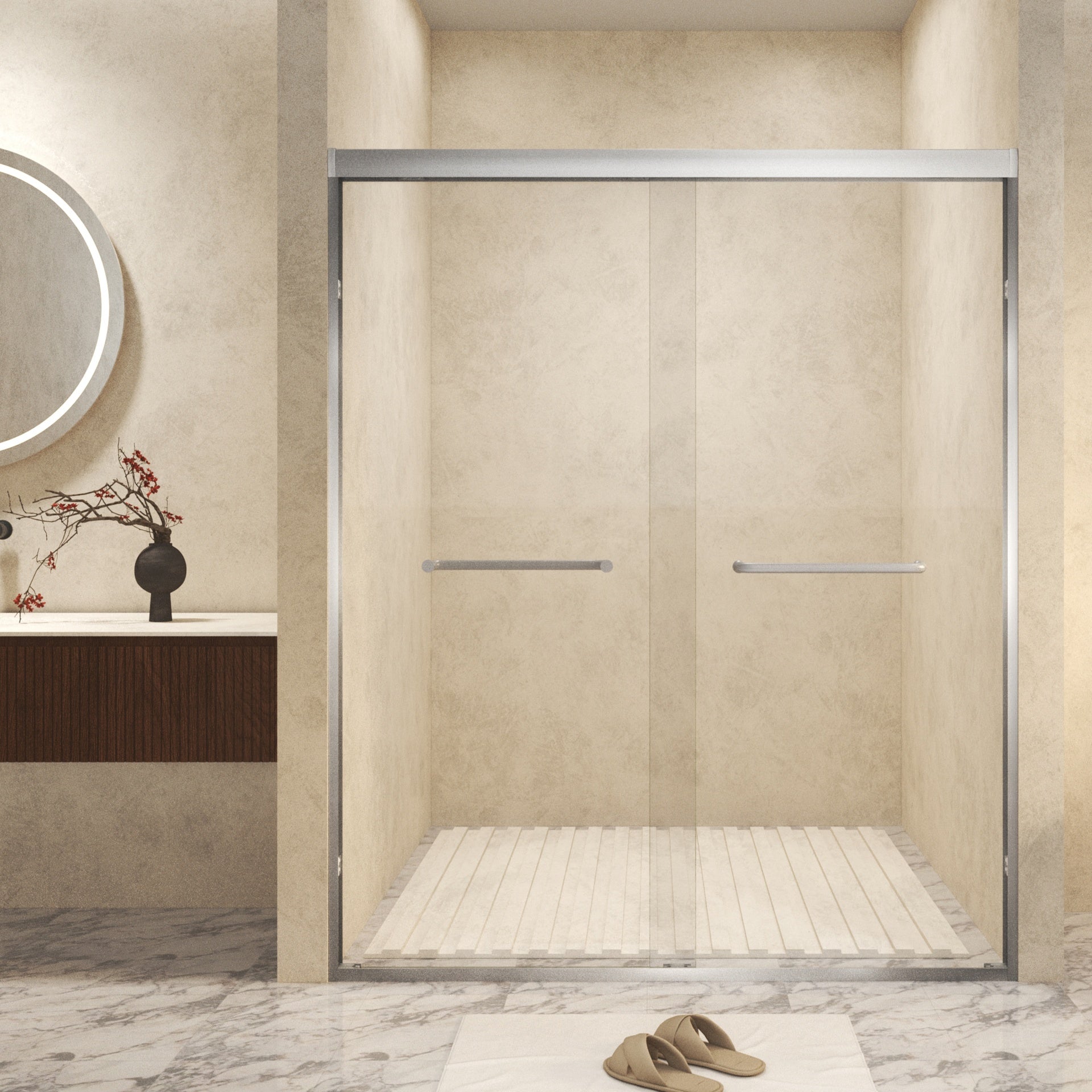 50-54 " x 72" Tempered Glass with Explosion Proof Film, Aluminum Frame Double Sliding Shower Door, "1/4 (6 mm), Stainless Steel handle,Brushed Nickel