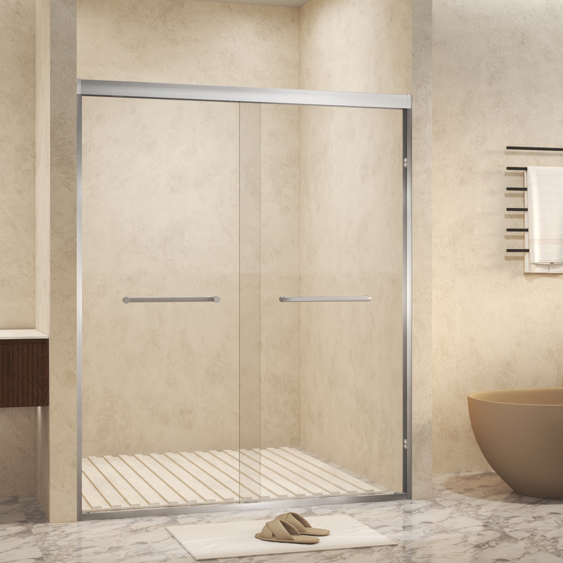50-54 " x 72" Tempered Glass with Explosion Proof Film, Aluminum Frame Double Sliding Shower Door, "1/4 (6 mm), Stainless Steel handle,Brushed Nickel