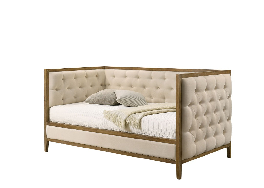 Transitional Style 1pc Twin Size Daybed Diamond Tufting Wood Trim Mattress Ready Natural Oak Finish Primary Living Room