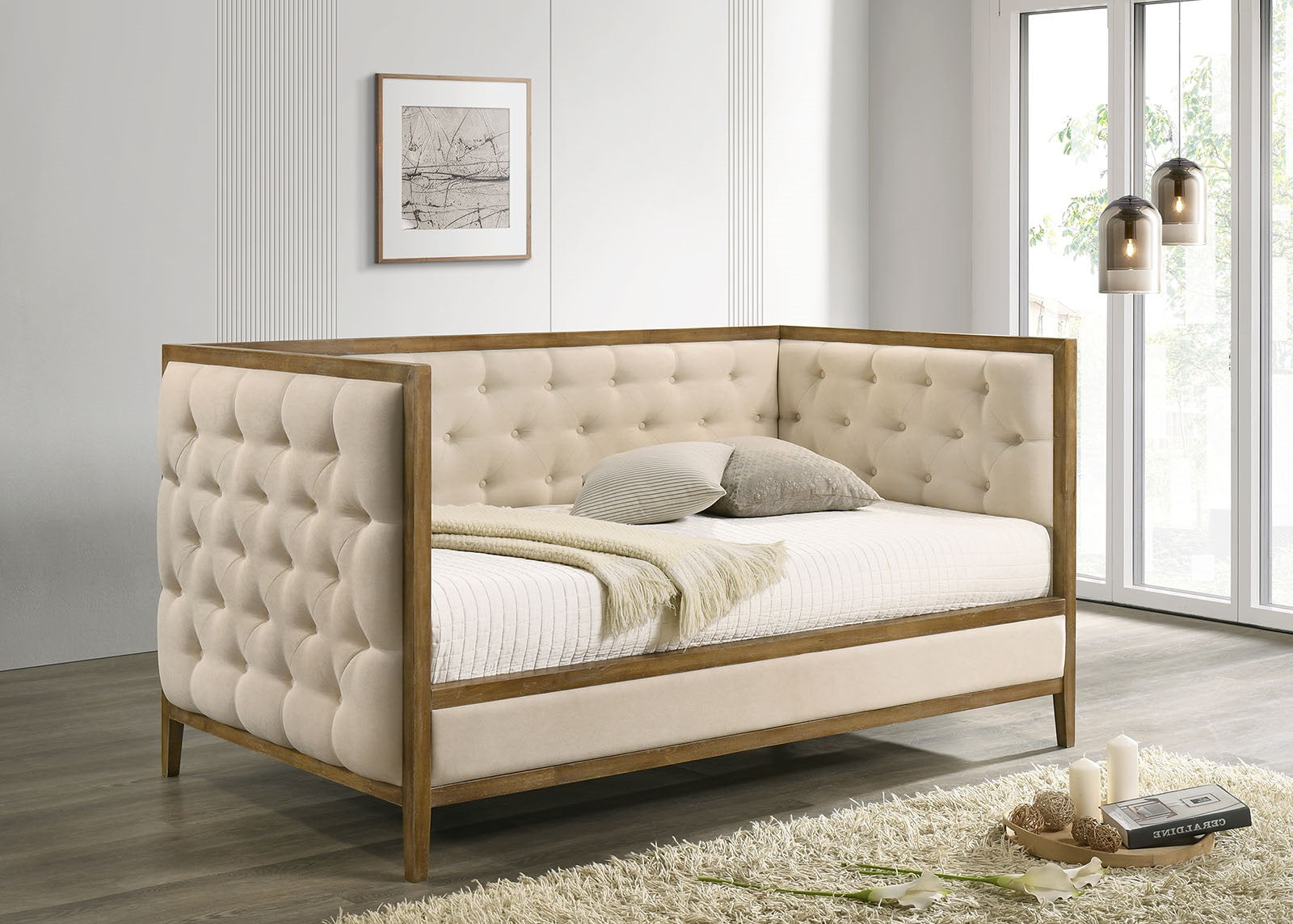 Transitional Style 1pc Twin Size Daybed Diamond Tufting Wood Trim Mattress Ready Natural Oak Finish Primary Living Room