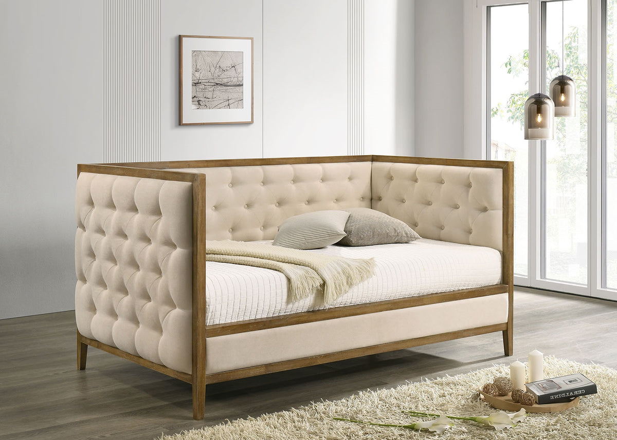 Transitional Style 1pc Twin Size Daybed Diamond Tufting Wood Trim Mattress Ready Natural Oak Finish Primary Living Room
