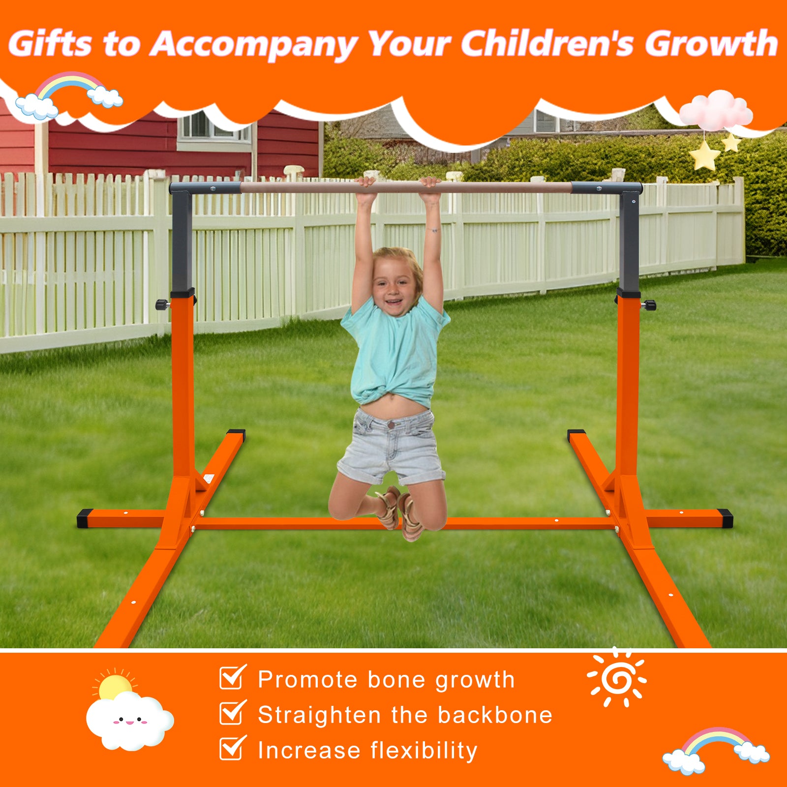 Gymnastics Bar for Kids, Adjustable Height Gym Bar, Junior Training Kip Bar for Home, Built for kids 3+ Years Orange